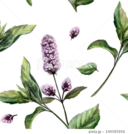 Mint seamless pattern watercolor illustration. Mentha medicinal herb blossom for refreshing dental care pharmacy branding, cooling remedy packaging, tonic tea design, organic herbal wellness print 140395958