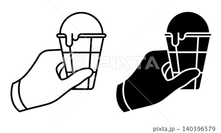 Linear icon. Customer hand holding a soft serve ice cream in a waffle cone. Simple black and white vector symbol isolated on white background Linear icon. Customer hand holding a soft serve ice cream in a waffle cone. Simple black and white vector symbol isolated on white background 140396579