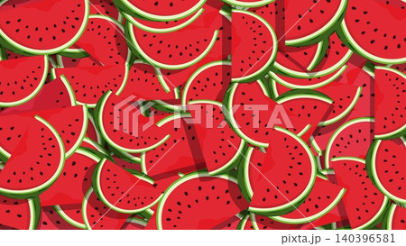 Ripe, sweet watermelon slices, juicy and succulent. Vector background with red fruits. Ripe, sweet watermelon slices, juicy and succulent. Vector background with red fruits. 140396581