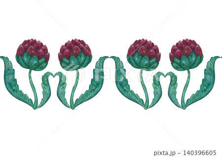 Seamless border of artichoke flowers, hand-drawn watercolor illustration, cartoon. Design for stickers, cards, scrapbooking. Plant, green, pink, flower, nature 140396605