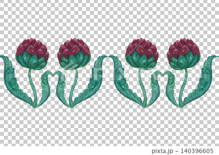 Seamless border of artichoke flowers, hand-drawn watercolor illustration, cartoon. Design for stickers, cards, scrapbooking. Plant, green, pink, flower, nature 140396605