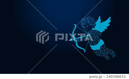 Neon low poly wireframe cupid angel shooting bow and arrow on dark blue background. Neon low poly wireframe cupid angel shooting bow and arrow on dark blue background. 140396633