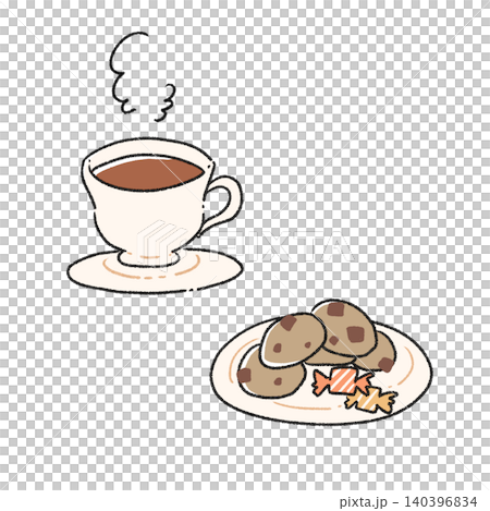 紅茶とクッキーのセットの手描きイラスト 紅茶とクッキーのセットの手描きイラスト 140396834