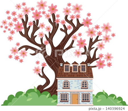Blue cottage under blooming cherry blossom tree, spring garden illustration Blue cottage under blooming cherry blossom tree, spring garden illustration 140396924