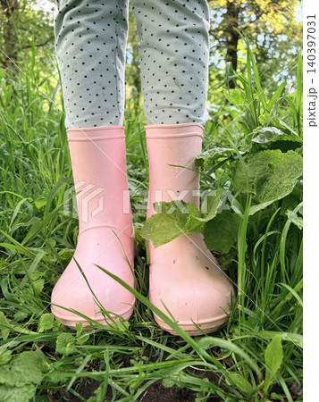 Close-up of a little girl's legs in pink rubber boots standing in wet green grass. Childhood joys Close-up of a little girl's legs in pink rubber boots standing in wet green grass. Childhood joys 140397031