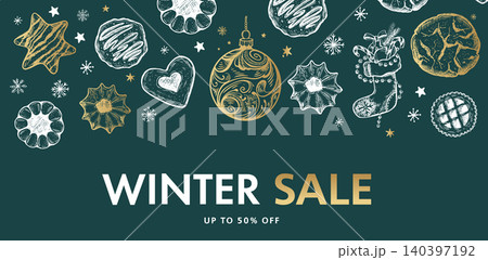 Winter sale, Christmas Cookie and ball set, Hand drawn illustration.	 140397192