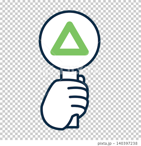 An illustration of a hand holding a triangular answer card. An icon of a hand holding a plate with a green triangle mark. The answer to the question. 140397238