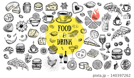 Food and drink set on white, hand drawn Food and drink set on white, hand drawn 140397262