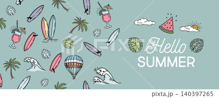 Summer set with air balloon, palm, surfboard and wave, hand drawn illustration.	 140397265