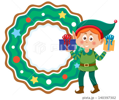 Christmas Elf Holding Gifts Beside a Decorative Wreath Frame 140397302