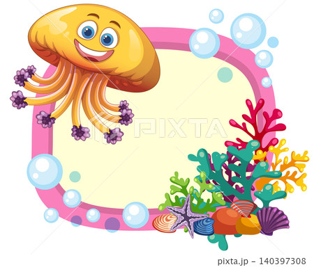 Cartoon Jellyfish and Coral Reef Frame with Blank Copy Space Cartoon Jellyfish and Coral Reef Frame with Blank Copy Space 140397308