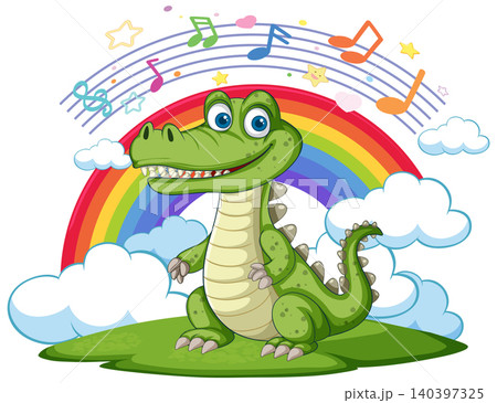 Cartoon Crocodile Standing on Grass with Rainbow and Musical Notes Cartoon Crocodile Standing on Grass with Rainbow and Musical Notes 140397325