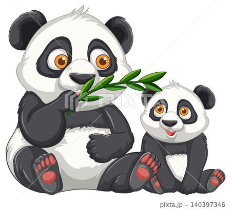 Cartoon Panda and Cub Eating Bamboo Together 140397346