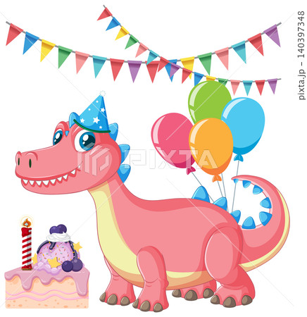 Cute Pink Dinosaur Celebrating Birthday with Cake Balloons and Bunting 140397348
