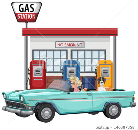 Woman and Dog in Convertible at Vintage Gas Station Woman and Dog in Convertible at Vintage Gas Station 140397359
