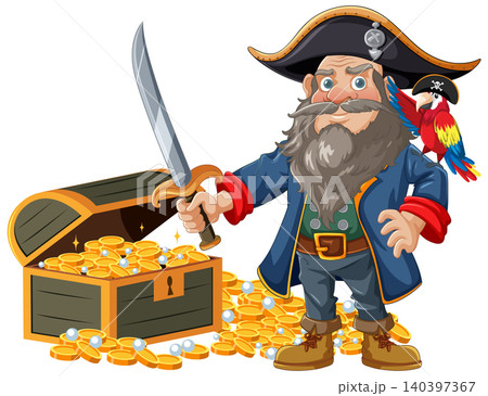 Cartoon Pirate With Treasure Chest and Parrot Companion 140397367