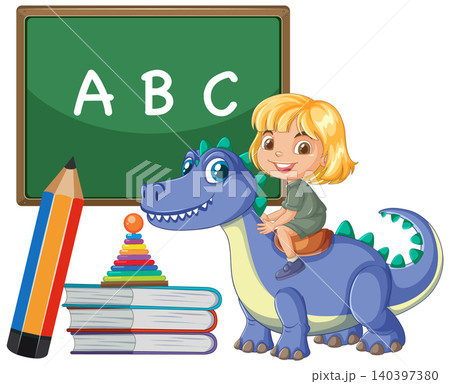 Cartoon Girl Riding Blue Dinosaur with School Supplies and Chalkboard 140397380