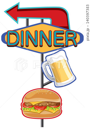 Retro Diner Sign with Burger and Beer Illustration 140397383