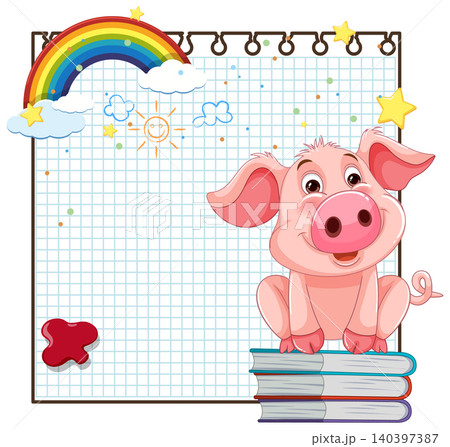 Cute Pink Pig Sitting on Books with Rainbow and Grid Paper Frame 140397387