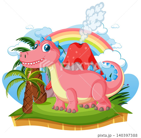 Cute Pink Cartoon Dinosaur Standing in Prehistoric Tropical Landscape 140397388