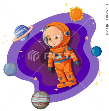 Young Boy in Orange Spacesuit Exploring the Galaxy Vector Illustration Young Boy in Orange Spacesuit Exploring the Galaxy Vector Illustration 140397391