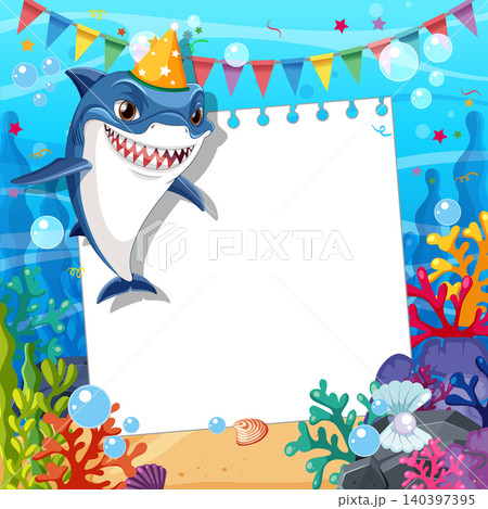 Cartoon Shark Wearing Party Hat with Blank Paper Underwater Background 140397395