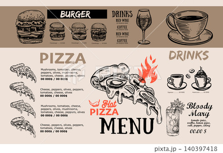 Pizza food Menu, Restaurant, Cafe, template design. Hand drawn illustrations.	 140397418
