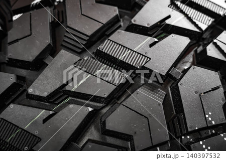 Black tire tread texture background with detailed rubber pattern. Black tire tread texture background with detailed rubber pattern. 140397532