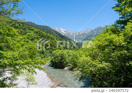 Azusa River and mountain view along Kamikochi trail, Japan 140397572