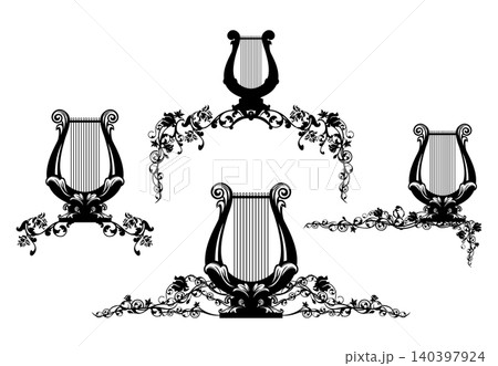 antique lyre musical instrument among rose flowers forming decorative border black and white vector design 140397924