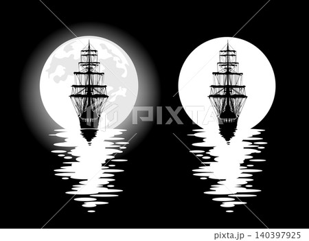 vector silhouette design of pirate sail ship in water against full moon at night 140397925