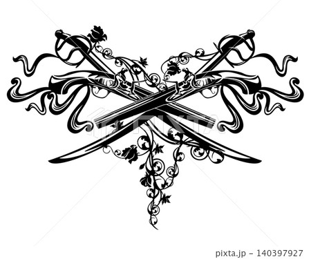 19th century adventure vector emblem with crossed duel pistols, sabre swords and rose flowers 19th century adventure vector emblem with crossed duel pistols, sabre swords and rose flowers 140397927