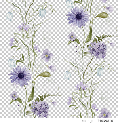 Watercolor seamless pattern with illustration light blue and violet wildflowers herbs flowers - phlox, cornflower, fritillary, echinacea, daisy, chamomile. Repeat pattern for textile Watercolor seamless pattern with illustration light blue and violet wildflowers herbs flowers - phlox, cornflower, fritillary, echinacea, daisy, chamomile. Repeat pattern for textile 140398101