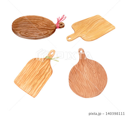 Watercolor collection of rustic wooden cutting boards in different shapes with natural wood texture. Hand drawn isolated kitchen set for food branding, packaging, recipe books and culinary projects. Watercolor collection of rustic wooden cutting boards in different shapes with natural wood texture. Hand drawn isolated kitchen set for food branding, packaging, recipe books and culinary projects. 140398111