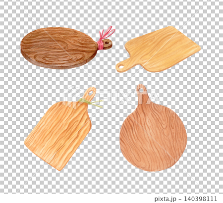 Watercolor collection of rustic wooden cutting boards in different shapes with natural wood texture. Hand drawn isolated kitchen set for food branding, packaging, recipe books and culinary projects. 140398111