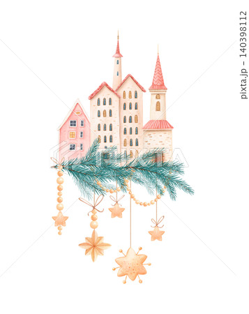 Watercolor Christmas arrangement with pastel village houses, fir branch, pearl beads and festive ornaments. Hand drawn isolated illustration for holiday cards, packaging, invitations, seasonal decor. Watercolor Christmas arrangement with pastel village houses, fir branch, pearl beads and festive ornaments. Hand drawn isolated illustration for holiday cards, packaging, invitations, seasonal decor. 140398112