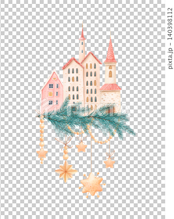 Watercolor Christmas arrangement with pastel village houses, fir branch, pearl beads and festive ornaments. Hand drawn isolated illustration for holiday cards, packaging, invitations, seasonal decor. Watercolor Christmas arrangement with pastel village houses, fir branch, pearl beads and festive ornaments. Hand drawn isolated illustration for holiday cards, packaging, invitations, seasonal decor. 140398112
