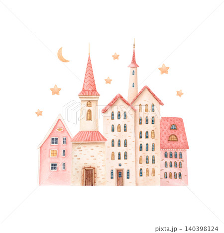 Watercolor Christmas village with pastel houses, moon and sparkling stars. Hand drawn isolated winter illustration of fairytale town in vintage style for holiday cards, invitations, festive packaging 140398124