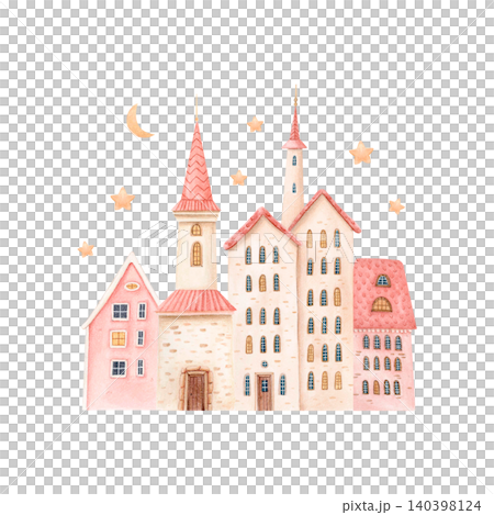 Watercolor Christmas village with pastel houses, moon and sparkling stars. Hand drawn isolated winter illustration of fairytale town in vintage style for holiday cards, invitations, festive packaging 140398124