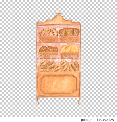 Watercolor vintage bakery display shelf filled with artisan bread, loaves and pastries. Hand drawn isolated illustration for bakery branding, packaging, cookbooks, food blogs, kitchen themed designs. Watercolor vintage bakery display shelf filled with artisan bread, loaves and pastries. Hand drawn isolated illustration for bakery branding, packaging, cookbooks, food blogs, kitchen themed designs. 140398129