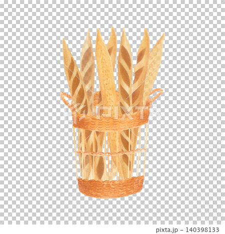 Watercolor vintage wicker basket with freshly baked baguettes. Hand drawn isolated illustration for menus, food packaging, bakery branding, recipe books, culinary blogs and rustic kitchen designs. Watercolor vintage wicker basket with freshly baked baguettes. Hand drawn isolated illustration for menus, food packaging, bakery branding, recipe books, culinary blogs and rustic kitchen designs. 140398133
