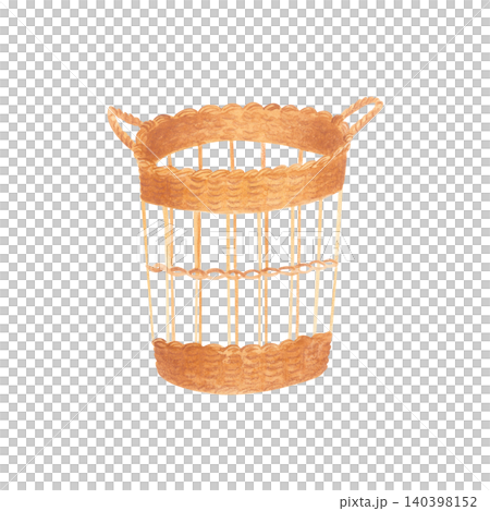 Watercolor woven wicker basket with decorative handles. Hand drawn isolated illustration for home organization products, rustic decor, kitchen projects, packaging, branding, farmhouse themed designs. Watercolor woven wicker basket with decorative handles. Hand drawn isolated illustration for home organization products, rustic decor, kitchen projects, packaging, branding, farmhouse themed designs. 140398152