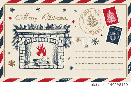 Christmas Postcard with Hand-Drawn with fireplace Christmas Postcard with Hand-Drawn with fireplace 140398159
