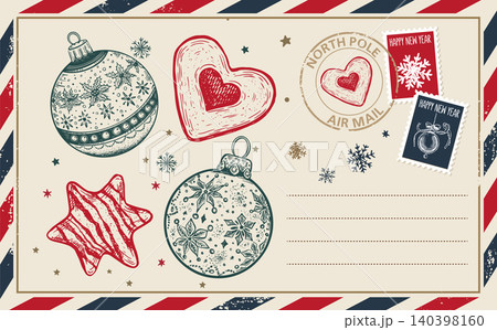 Vintage Christmas and New Year Postcard with Hand-Drawn Ornaments Vintage Christmas and New Year Postcard with Hand-Drawn Ornaments 140398160
