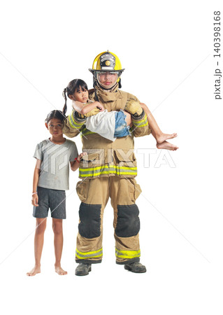 Firefighter rescuing two children isolated on white background Firefighter rescuing two children isolated on white background 140398168