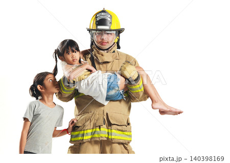 Firefighter rescuing two children isolated on white background Firefighter rescuing two children isolated on white background 140398169