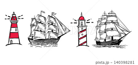 Old vintage sailboat, lighthouse, hand drawn	 140398281