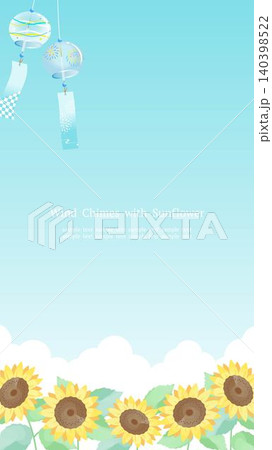 ひまわりと風鈴が彩る涼やかな夏フレーム 青背景 縦長16:9 ひまわりと風鈴が彩る涼やかな夏フレーム 青背景 縦長16:9 140398522