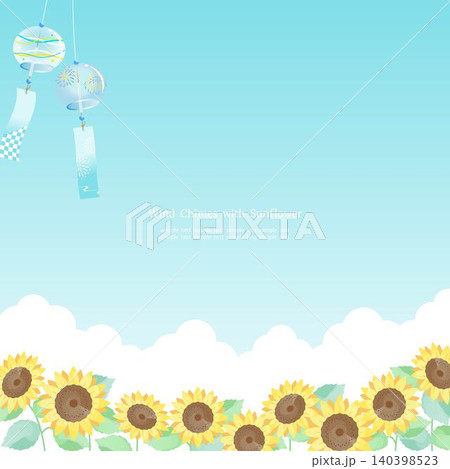 ひまわりと風鈴が彩る涼やかな夏フレーム 青背景 正方形 ひまわりと風鈴が彩る涼やかな夏フレーム 青背景 正方形 140398523