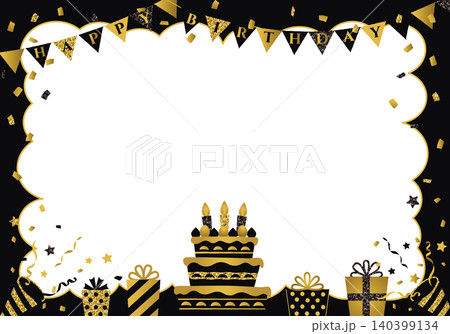 【ベクター】HAPPY BIRTHDAY文字入り ブラック＆ゴールドの高級感ある誕生日パーティー背景 140399134